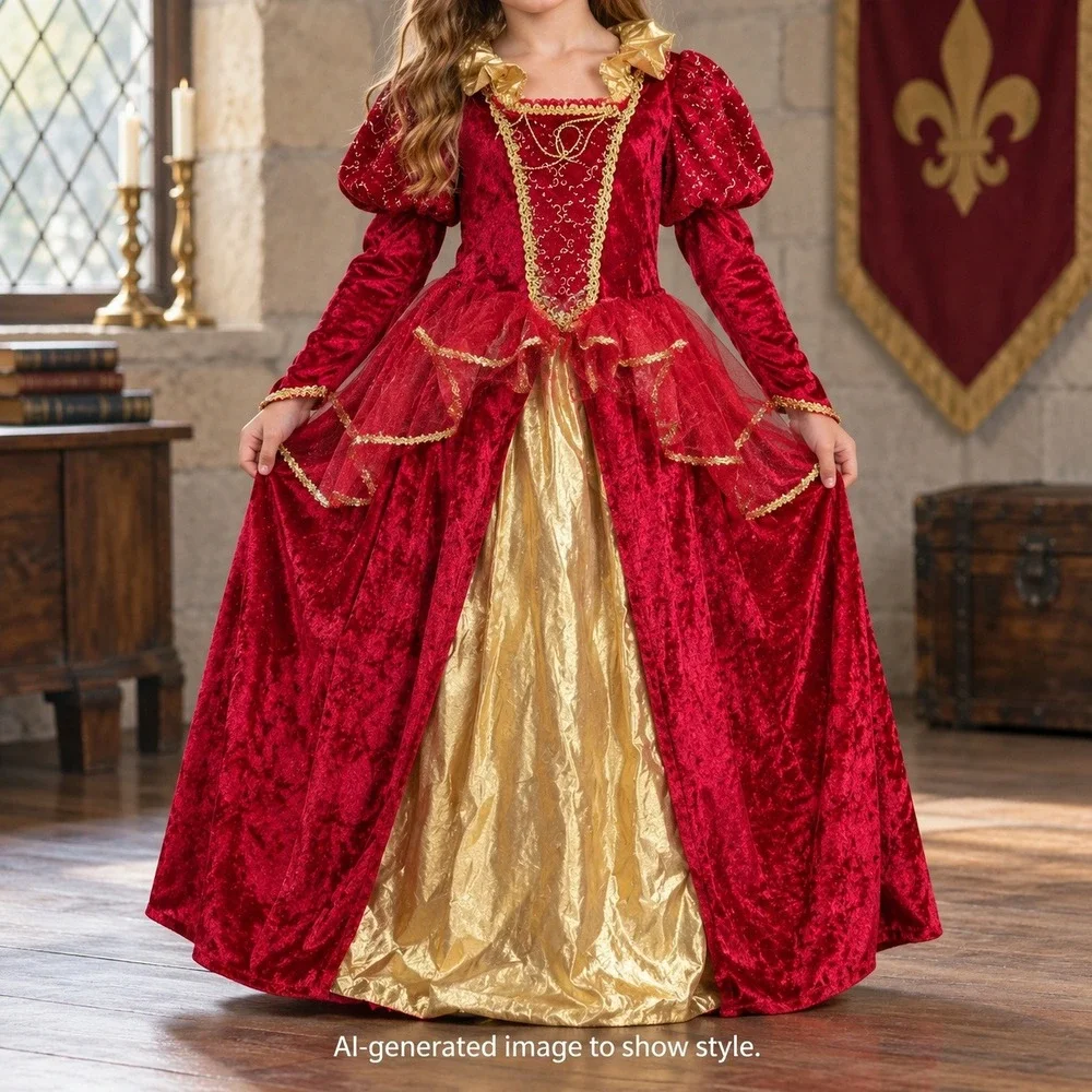Rubies Girls Renaissance Princess Costume Dress Red Gold Velvet M 7-8 Queen